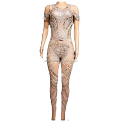 Nightclub Gogo Sexy Singer Dj Bar Collar Dance Seductive Mesh Flash Diamond One-Piece Dress Short Skirt Performance
