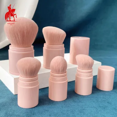 Pink Vegan Portable Retractable Mini Travel Custom Logo Makeup Brush Kabuki Foundation Contour Powder Blush Brush