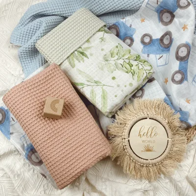 Custom Baby Muslin Swaddle Wrap Organic Cotton Boys and Girls Baby Soft Print Waffle Swaddle Blanket