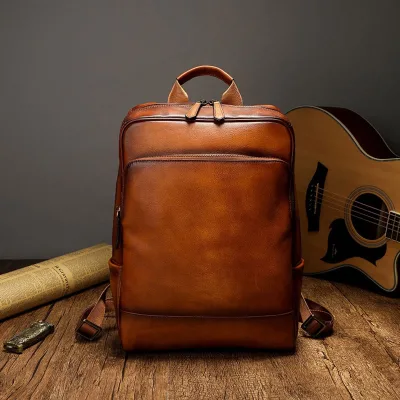 Top-grain Cowhide Vegetable-Tanned Leather Casual Men's Backpack Fashion Summer Computer Backpack with Air Cushion Belt