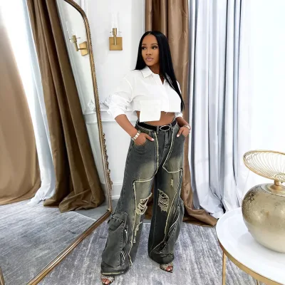 ZHEZHE 2026 New Street Deconstructed Ripped Large Pocket Quick Dry Straight Denim Pants