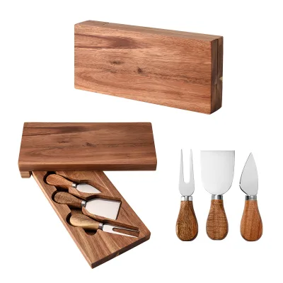 Acacia / Rubber Wood Cheese Knife Rotary case 4 Piece Cheese Knife Set Cheese Board Bread Board