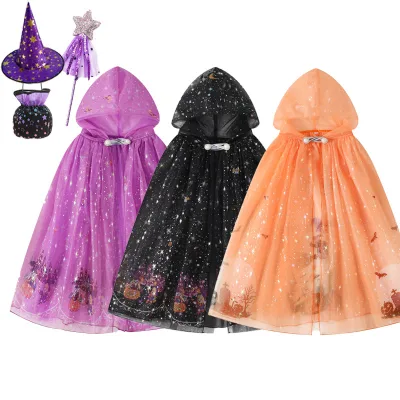 Kids  Halloween Theme Party Hooded Cloak Evil Witch Costume Cloak Toddler Baby Hooded Wizard Capes with Hat Wand
