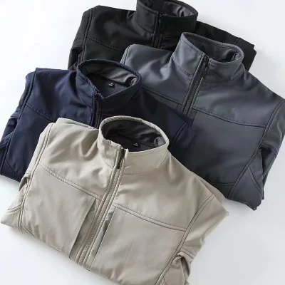 Men's Stand Collar Soft Shell Winter Jacket Fleece-Lined Waterproof Coat with Zipper Closure