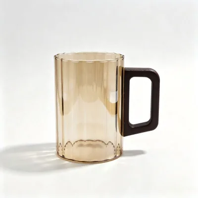 New Chinese-Style Glass Striped Wooden Handle 300ml Irregular Shape Heat-Resistant Tea Cup for Home Living Room Guest Serving