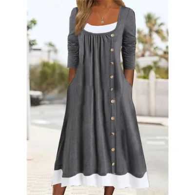 Spring New Casual Round Neck Long Sleeve Pullover Multicolor Pleating Solid Color Button Dress Women