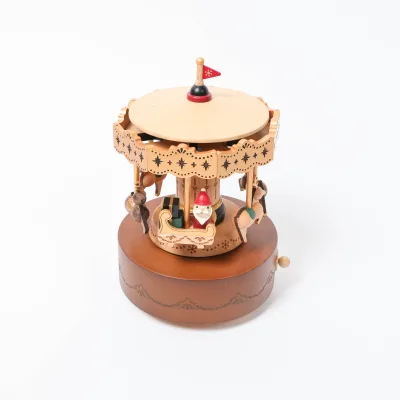 [X] Holiday Gift Wonderful Life Wooden Merry Go Round Music Box Christmas Carousel Santa & Reindeer