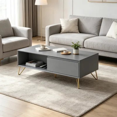 Modern Grey Coffee Table with Hidden Drawer & Open Storage, Luxury Gold Hairpin Legs Center Table
