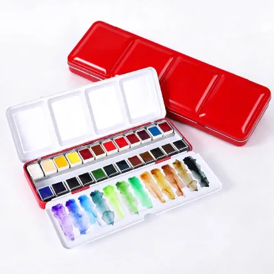 24 Colors Watercolor Paint  with Metal Box, Half Pan Travel Watercolor, Portable Metal Box with Metal Ring and Built-in Palette