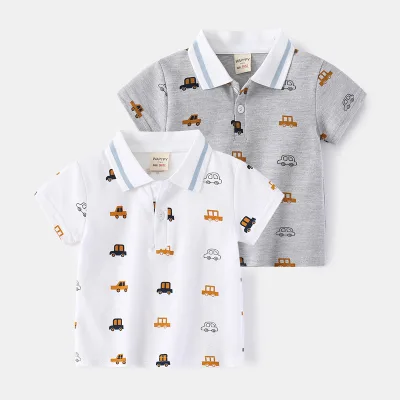 Kids Breathable Knitted Short-Sleeve Cotton Polo Shirt 2026 New Boys Cartoon All-Over Print Polo Collar Korean-Style Summer