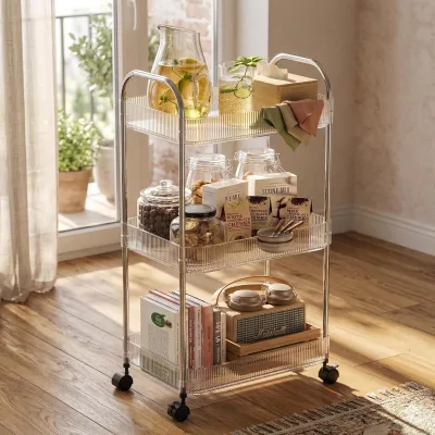 Rolling Cart with Lockable Wheels Acrylic Utility Trolley with Handle Storage Organizer for Kitchen Bathroom Snack Book Craft
