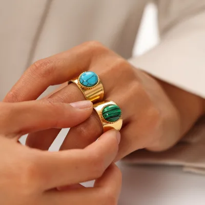 Exaggerated Wide Edge Vertical Pattern Ring Female Titanium Steel High-grade Retro Oval Blue Turquoise Ring