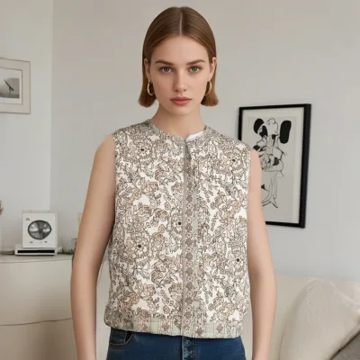 2025 Women's Sleeveless Cotton Vest Neck Floral Pattern Zip-up Front Elastic Hem Skinny Casual Style for Comfortable Summer Wear