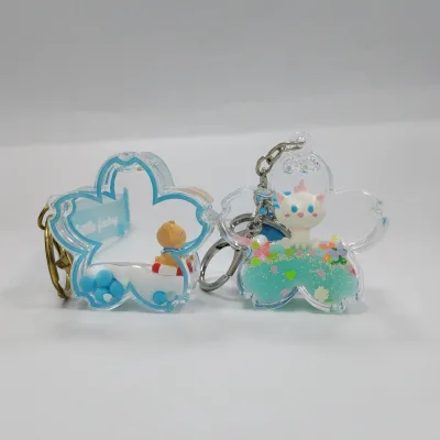 Sakura Shape Liquid Acrylic Quicksand Keychain Clownfish Bear and Vessel Figurine Floating Pendant OEM Custom Multi Confetti