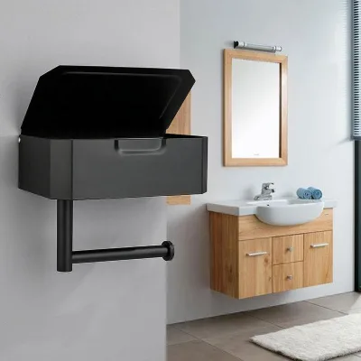WEKIS WC Toilet Rolhouder Zwart Toilet Rol Papier Toiletpapier Houder Toiletrolhouder Met Telefoonplankje Met Plankje Met Doos