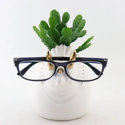 Table Planter Ornament White Triceratops Ceramic Flower Pot Decorative Ceramic Dinosaur Plant Pot with Eyeglass Holder