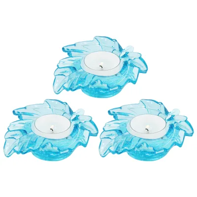 Set of 3 Light Blue Maple Leaf Shaped Glass Candle Holder for Table Centerpiece