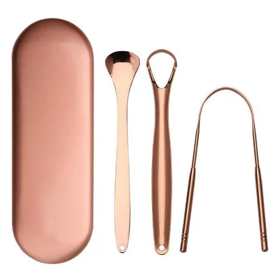 3-Piece Set Professional Stainless Steel Tongue Scraper Private Label Cleaning Tool with Travel Box Convenient for On-the-go Use