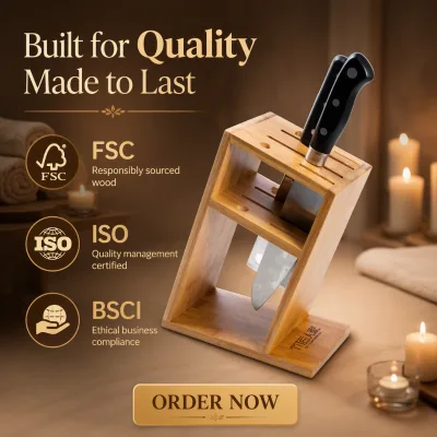 Aesthetic Eco-Friendly Natural Bamboo Knife Block Roll Bag 20x10x19cm Kitchen Storage Rack FSC ISO BSCI Certification Modern