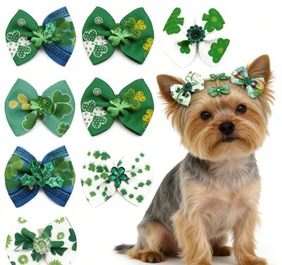 Fanni St. Patrick's Shamrock Yorkie Dog Puppy Cat Hair Bows Rubber Bands 100% Polyester Cute Irish Holiday Pet Accessories