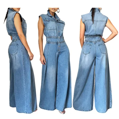 2024 Women's Casual Washed Denim Sleeveless Lapel Top High Waist Wide Leg Pants Jumpsuit Women