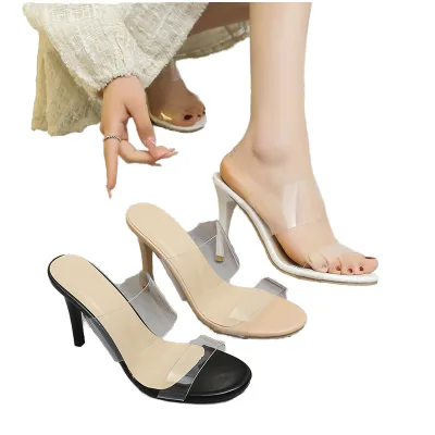 Wholesale Ladies Spring/Summer Hard-Wearing Slip-On Peep Toe High Heeled Crystal Sandals Solid Color Line Fashion Large Size
