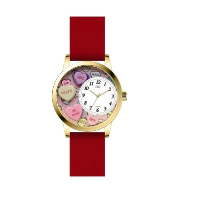 Women Quartz Movement 20mm Band Silicone Strap Round Be Mine Time Watch Glass Candy Heart Dial for Holiday Party Dating Gifting