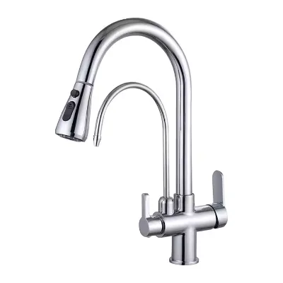 Brass kitchen faucet with pull-out hot and cold direct drinking three in one, vegetable washbasin faucet