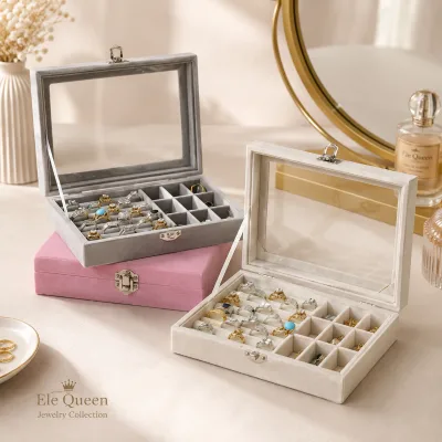 Luxury Velvet Jewelry Organizer Box with Glass Lid Ring Slots Compartments Storage Case for Accessories