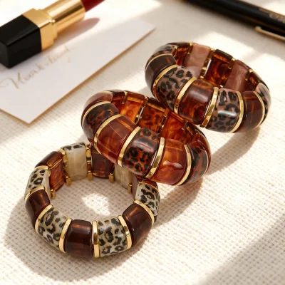 Ilona Chunky Wide Leopard Resin 18k Gold Plated Stainless Steel Stretch Bracelet Waterproof Bangle Layering Wrist Accessory