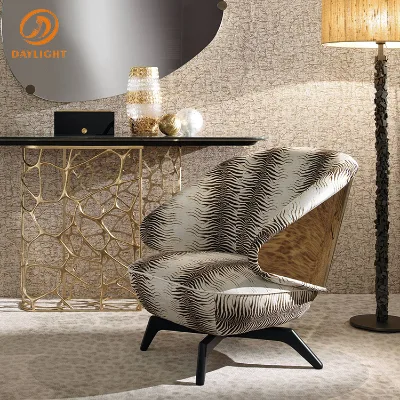 Sculptural Egg-Shaped Lounge Chair with Wavy Gold Metal Back, Zebra Pattern Fabric Accent Armchair for Luxury Hotel Lobby