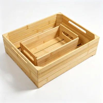 OEM Set of 2 Bamboo Nesting Crates with Handles Rustic Decorative Storage Container Box Basket Bin for Kitchen Office Bedroom