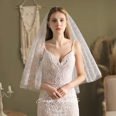 V234 Vintage Two Layer Lace With Appliqued Stars Simple Tulle Long Bridal Veil Elbow Length Wedding Accessories