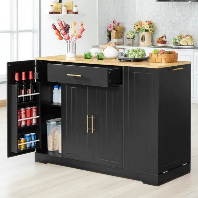 Bien Large Kitchen Island in Wood Panel Style with Adjustable Shelves and Trash Can Storage Cabinet