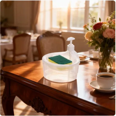 Plastic Kitchen Dish Soap Dispenser with Sponge Cleaning Brush Liquid Soap Push Button PP Material