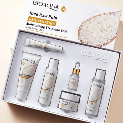 New Private Label Rice Raw Pulp Moisturizing Brightening Skin Care Set Natural Facial Serum Cream 6-Piece Kit