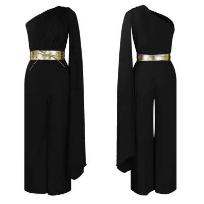 Women One Shoulder Chiffon Jumpsuit With Gold Metallic Belt Flowy Cape Sleeve Wide Leg Pants Party Evening Romper Lyrical Dress