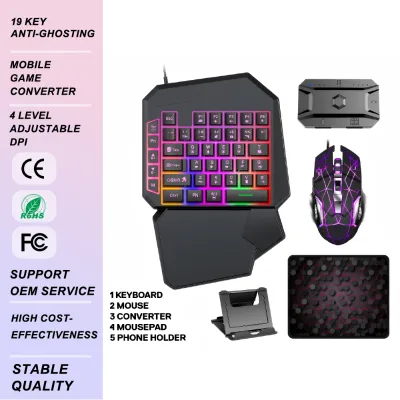 5-in-1 One-Handed RGB Gaming Keyboard Mouse Combo 6400 DPI Converter Mousepad Phone Holder for PC & Mobile Gaming Wholesale Set
