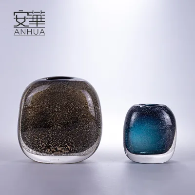 Modern Design Crystal Golden Powder Decorative Glass Vase Hand Blown Ink Blue for Tabletop Decoration