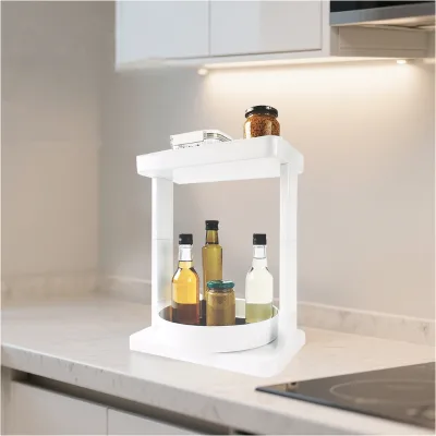 White 2 Tier Turntable Shelf Two-Tier Turntable, Organizer for Kitchen Cabinet and Pantry Organization and Storage, White