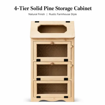 4-Tier Solid Wood Storage Cabinet Rustic Farmhouse Kitchen Pantry Organizer with Ventilated Mesh Doors