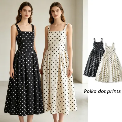 Cnshell Polka Dot Prints One Piece Dress Square Neck Pattern Design Elegant Figure-Flattering Waist-Cinching Daily Wear