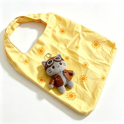 Wholesale Custom Logo Portable Plush Bag Foldable Sun Print Shopping Bag with Cat Plush Toy Pendant