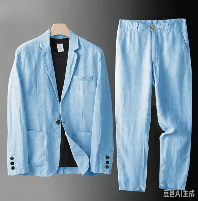 Premium Material Lightweight Solid Color Men's Linen Notch Lapel Blazer & Drawstring Straight Pants 2 Piece Suit Set