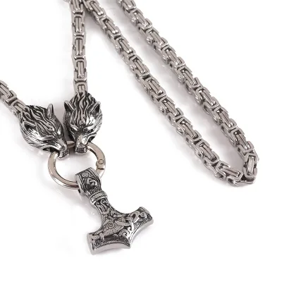 Retro Nordic Viking Mythology Thor's Hammer Stainless Steel Pendant Necklace Silver Emperor Chain Wolf Head for Men