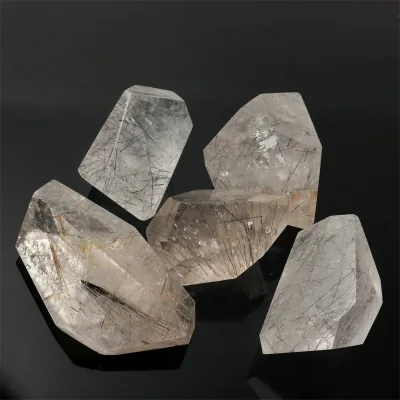 natural crystal  black rutile quartz freeform faceted stone
