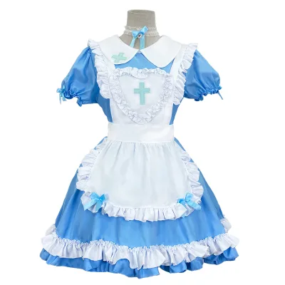 Blue Pink Anime Japanese Cute Cat Ear Maid Cosplay Costume-Lolita Maid Dress with Accessories for Adults Polyester Material