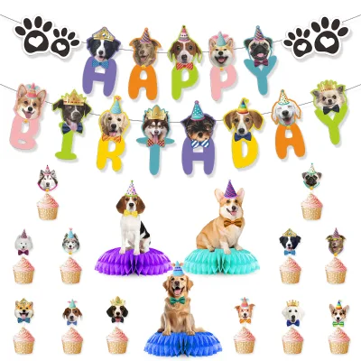Dog Birthday Party Decorations Set Flag Cake Plaque & Honeycomb Ornament with Number Shape for Pet Dog's Birthday Celebration