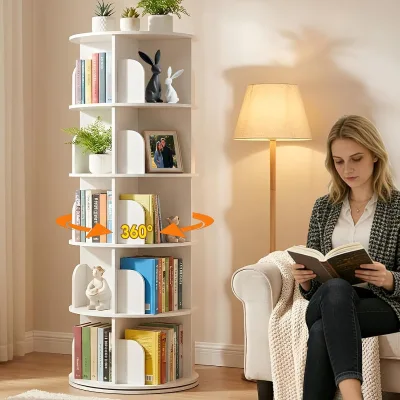 5 Tier Rotating Wood Bookshelf Tower with Adjustable Features Traditional Design for Living Room