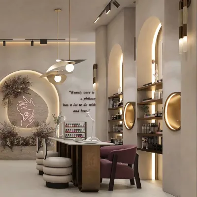 Free Design Nail Station Beauty Salon Interior Decor Skin Care Display Cabinet Wall Shelf Whole Store Display Fixture
